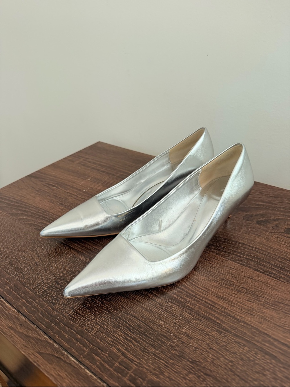Zara Silver Metallic Pointed Toe Kitten Heel Pumps Size 39